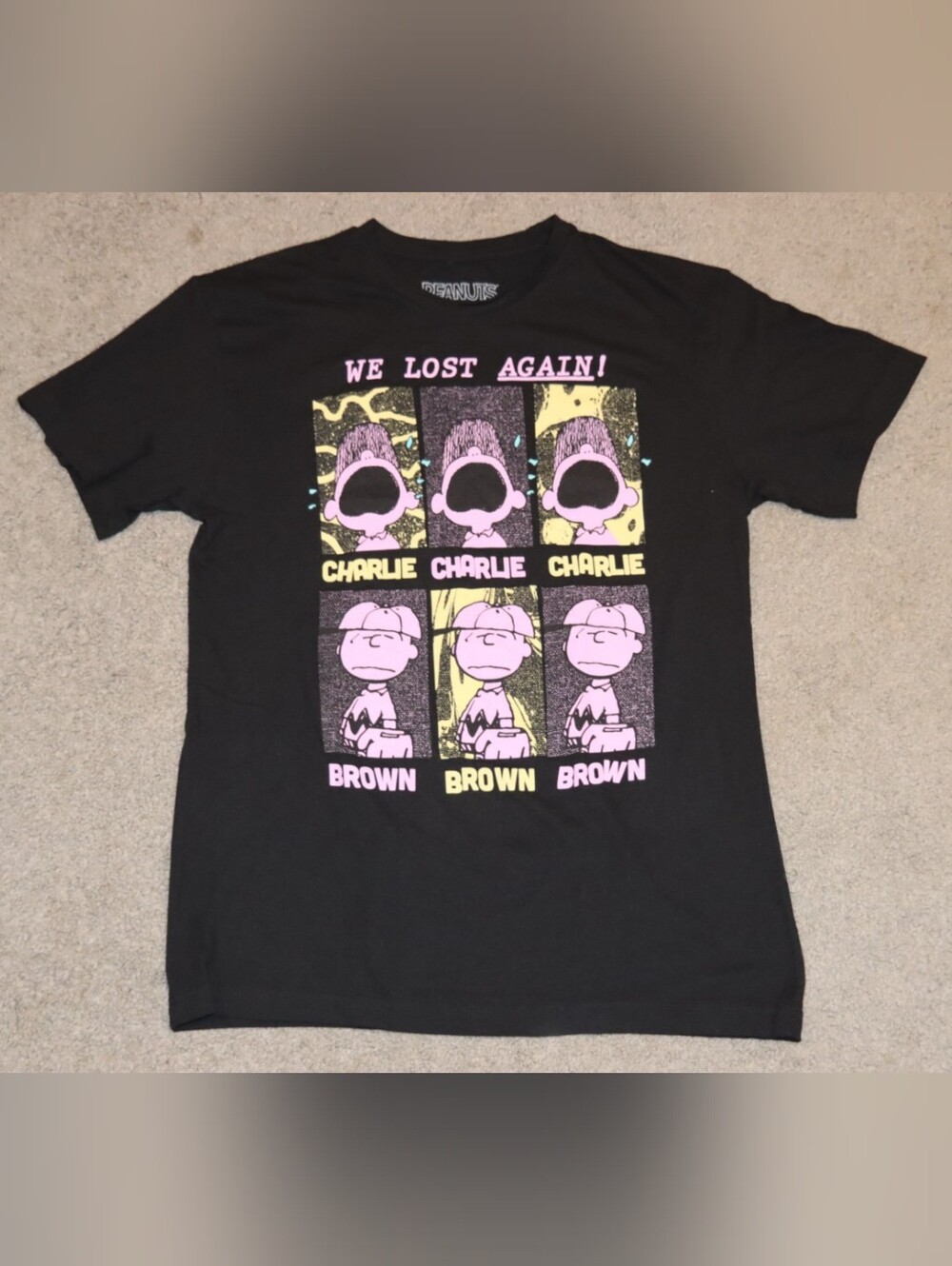 Peanuts Black Tee with Pink & Yellow Charlie Brown Mens Large